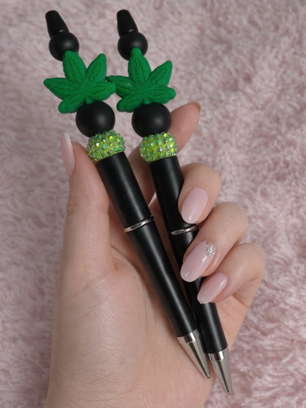 Black Ballpoint Pen with Green Leaf Charm and Crystal Accent